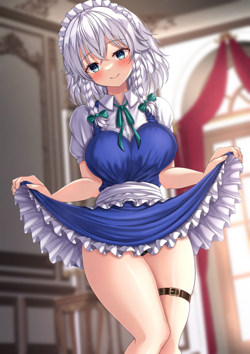 1girl blue_dress blue_eyes blurry blurry_background blush braid breasts closed_mouth clothes_lift collared_shirt commentary dress dress_lift feet_out_of_frame grey_hair highres indoors izayoi_sakuya large_breasts lifted_by_self looking_at_viewer maid maid_day maid_headdress medium_hair panties reijing_etrn shirt short_sleeves side_braids smile solo thick_thighs thigh_strap thighs touhou twin_braids underwear white_shirt