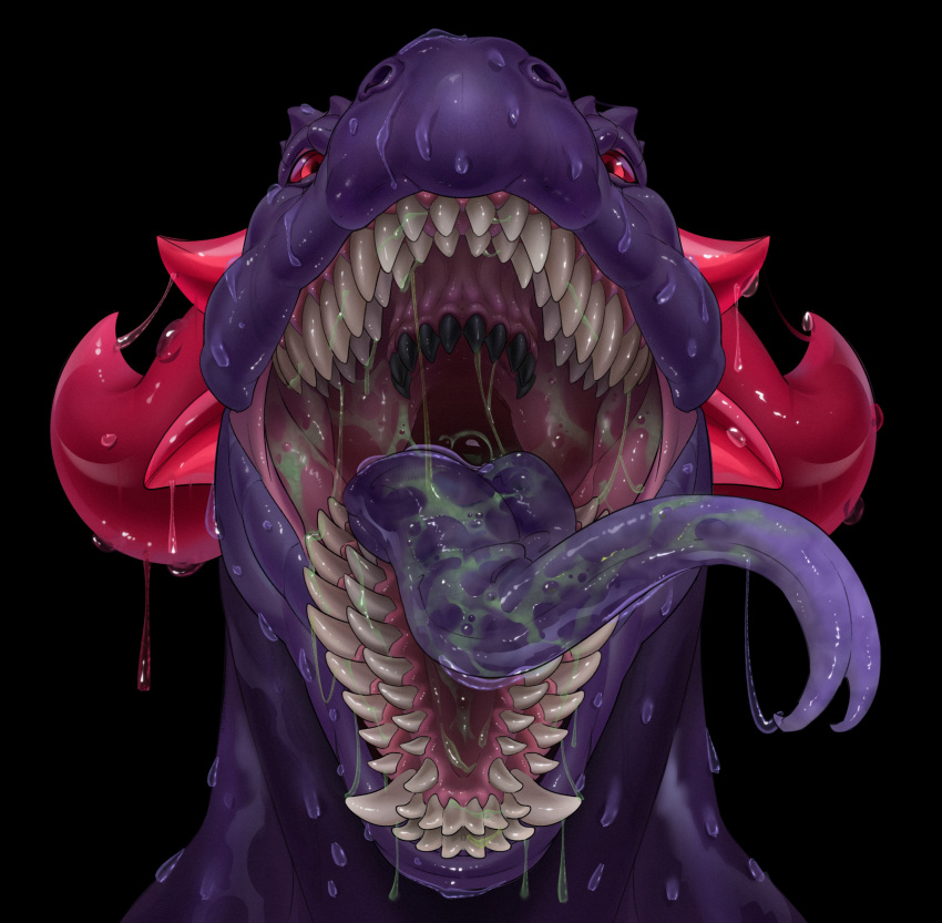 absurd_res anthro bodily_fluids devourer_(razor_koopa) digital_media_(artwork) dragon dripping esophagus fangs forked_tongue goo_creature goo_dragon goo_dripping hi_res horn looking_at_viewer male mouth_shot muscular muscular_anthro muscular_male open_mouth purple_body raudegil red_eyes saliva saliva_drip saliva_on_tongue saliva_string simple_background slime snout solo solo_focus spikes spikes_(anatomy) teeth throat tongue tongue_out vore