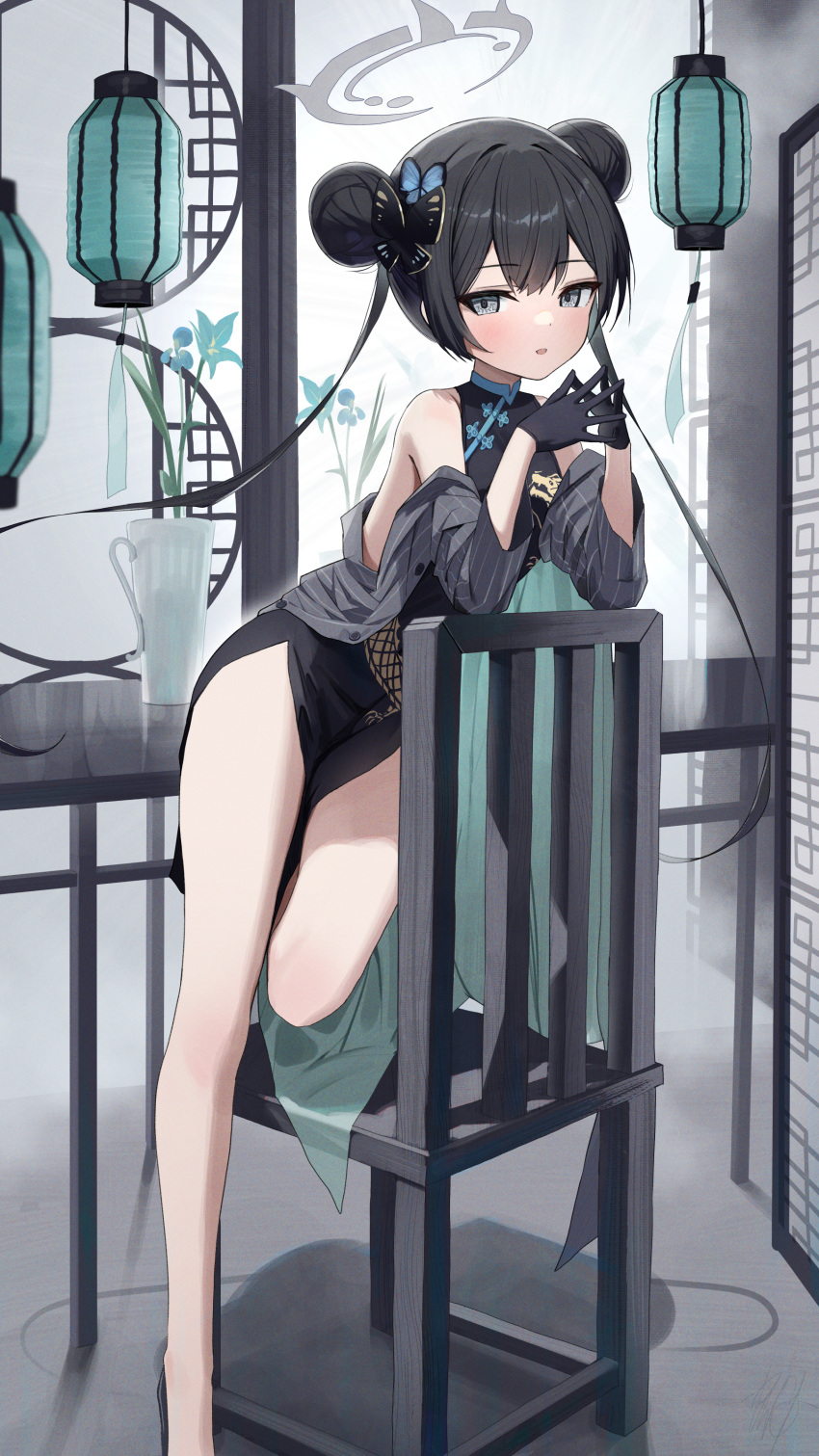 1girl absurdres black_dress black_gloves black_hair blue_archive braid braided_bun breasts butterfly_hair_ornament china_dress chinese_clothes commentary_request cosplay double_bun dragon_print dress gloves grey_eyes grey_halo hair_bun hair_ornament halo hidulume highres jacket kisaki_(blue_archive) kisaki_(blue_archive)_(cosplay) long_hair looking_at_viewer pelvic_curtain pinstripe_jacket pinstripe_pattern print_dress sleeveless sleeveless_dress small_breasts solo striped striped_coat striped_jacket twintails vertical-striped_coat vertical-striped_jacket vertical_stripes