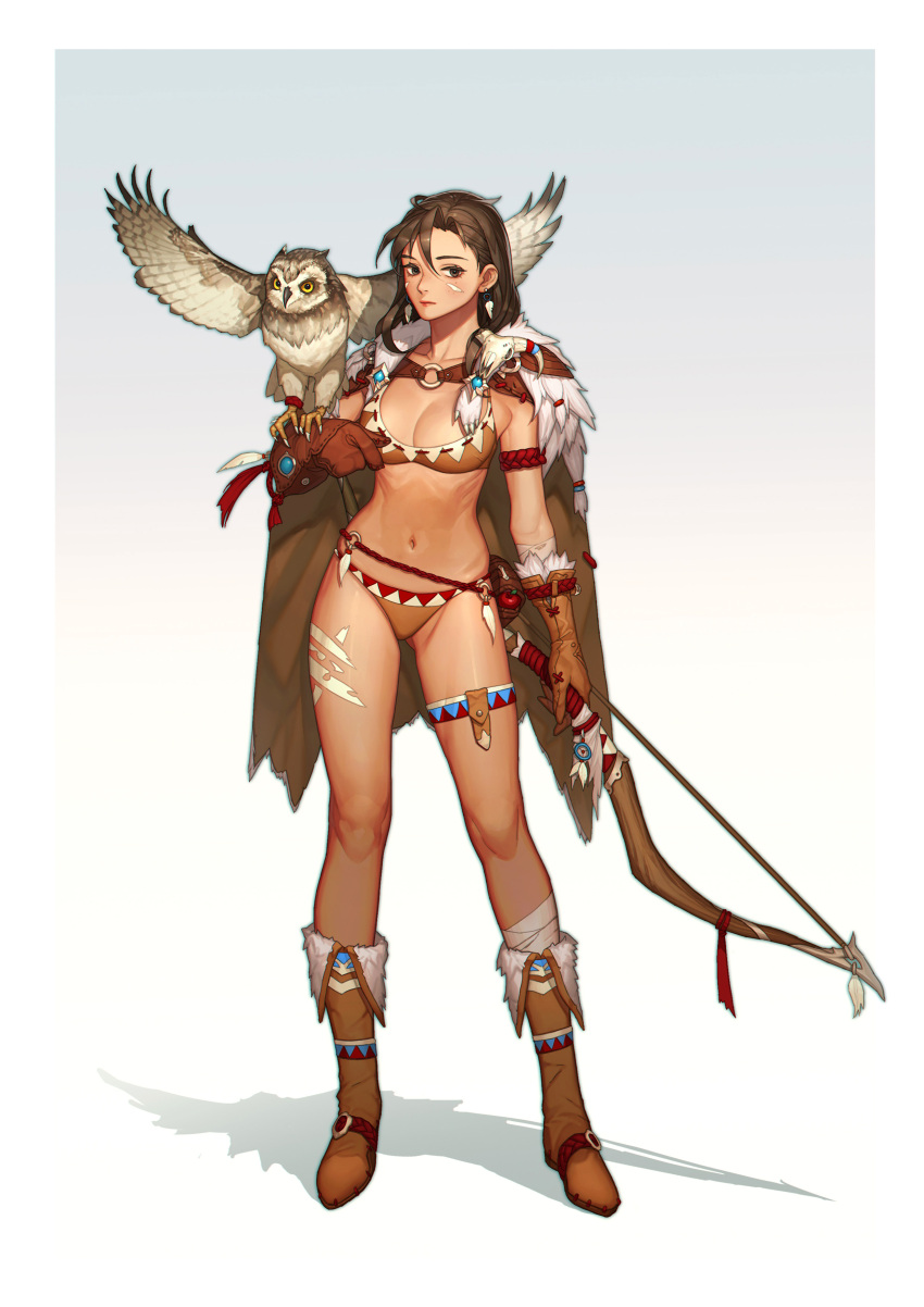 1girl absurdres animal_on_arm animal_skull bandaged_arm bandaged_leg bandages bird bird_on_arm boots border bow_(weapon) bra breasts brown_bra brown_cape brown_eyes brown_footwear brown_gloves brown_hair brown_panties cape cleavage closed_mouth coa_(u6u612) commentary earrings english_commentary facial_mark falconry_glove feather_earrings feathers freckles full_body fur-trimmed_cape fur_trim gloves gradient_background grey_background highres holding holding_bow_(weapon) holding_weapon jewelry knee_boots large_breasts leg_tattoo lips medium_hair navel o-ring original owl panties red_rope rope shadow solo standing tattoo thigh_strap underwear weapon white_border youngjin_jeon