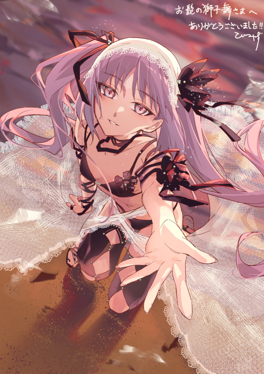 1girl alternate_costume beach bikini black_bikini black_ribbon breasts commentary_request fate/grand_order fate_(series) grin hair_ribbon highres koimizu long_hair looking_at_viewer navel pink_eyes pink_hair reaching reaching_towards_viewer ribbon sand shadow small_breasts smile solo stheno_(fate) stomach swimsuit very_long_hair water