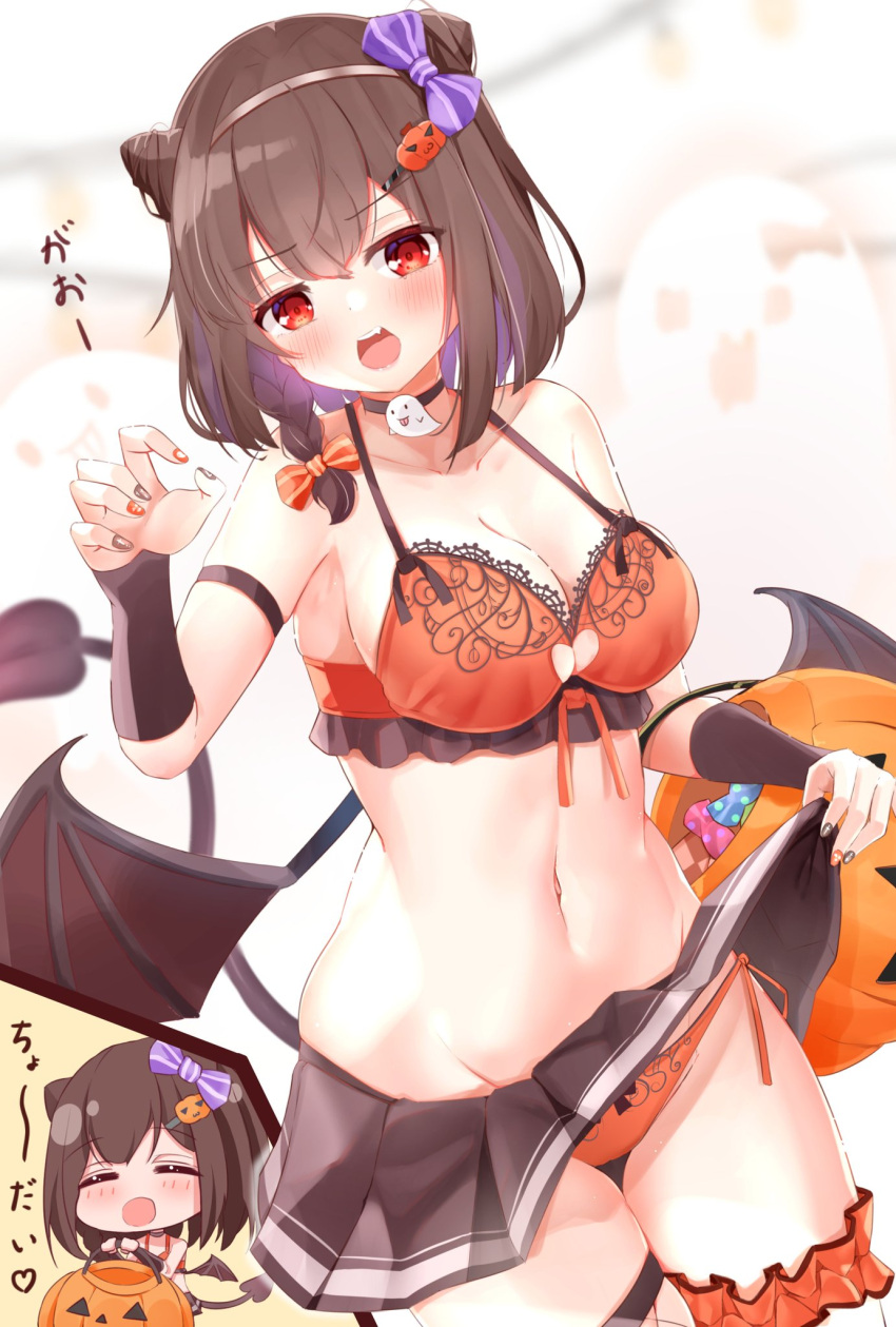 1girl bikini black_choker black_nails black_skirt bow braid breasts bridal_garter brown_hair choker cleavage closed_eyes clothes_lift cone_hair_bun demon_tail demon_wings ghost hair_bow hair_bun hair_ornament halloween highres jack-o'-lantern jack-o'-lantern_hair_ornament kamimori_kuuraku lifted_by_self miniskirt navel open_mouth orange_bikini orange_bow orange_nails original pleated_skirt purple_bow red_eyes side-tie_bikini_bottom skirt skirt_lift solo swimsuit tail two-tone_nails wings