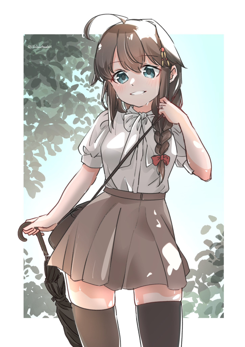 1girl ahoge alternate_costume black_thighhighs blue_eyes braid brown_hair commentary_request dappled_sunlight grey_skirt hair_flaps hair_over_shoulder highres kantai_collection long_hair no_chi_(aka_hara) parted_lips planted planted_umbrella pleated_skirt shigure_(kancolle) shirt single_braid skirt smile solo sunlight thighhighs umbrella white_shirt