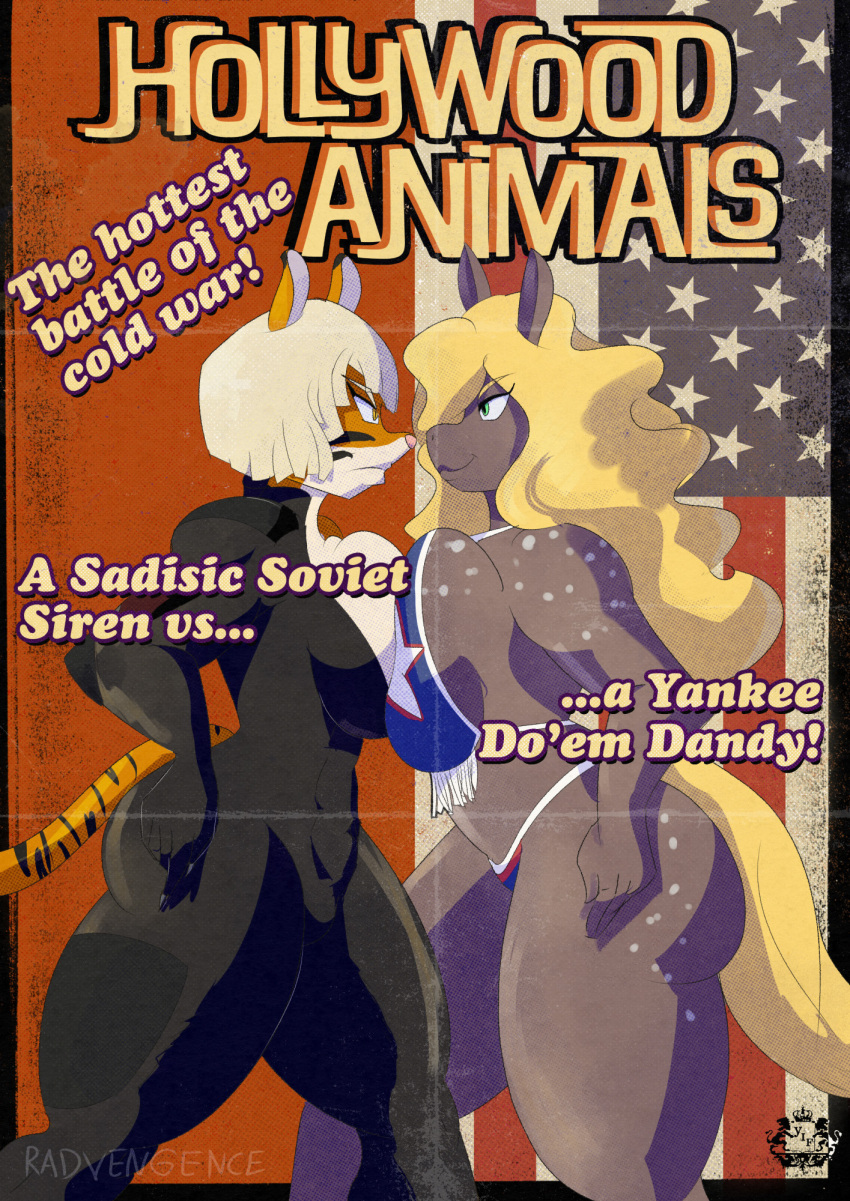 american_flag_bikini anthro big_breasts bikini blonde_hair bodysuit breast_squish breasts breasts_frottage clothed clothing digital_media_(artwork) duo english_text equid equine felid female female/female fur green_eyes grey_body grey_fur hair hi_res horse mammal pantherine platinum_blonde_hair radvengence skinsuit spots spotted_body spotted_fur squish stripes swimwear tail text tiger tight_clothing yellow_eyes yellow_tail