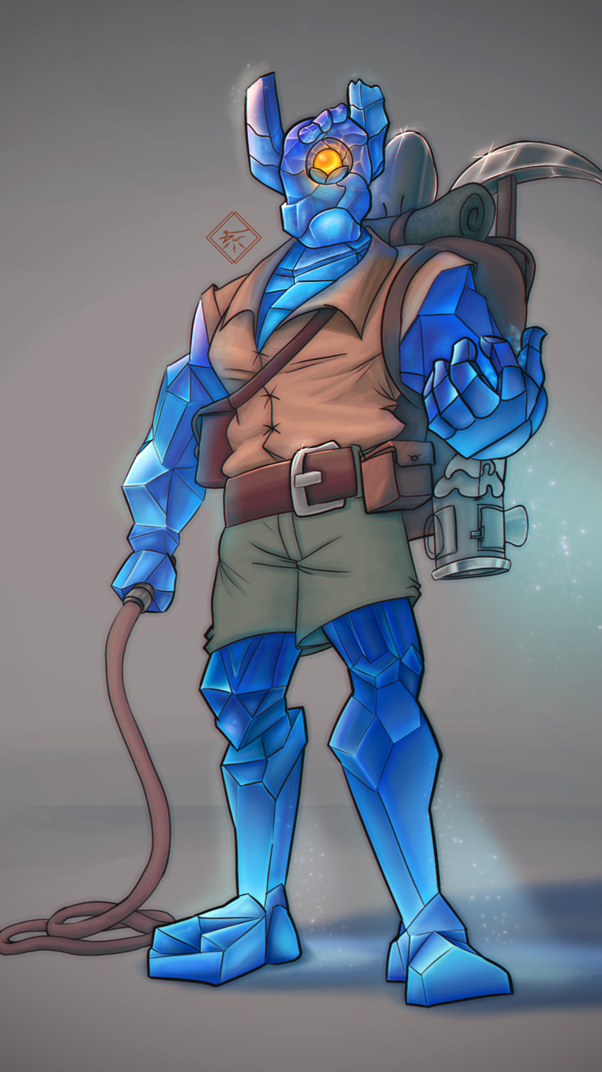absurd_res adventurer anthro backpack blue_body clothed clothing crystal digital_media_(artwork) elemental_creature gem gem_creature gus_arts hi_res humanoid jewish_mythology looking_at_viewer male melee_weapon mineral_fauna mythological_golem mythology not_furry pickaxe rock simple_background solo weapon whip yellow_eyes