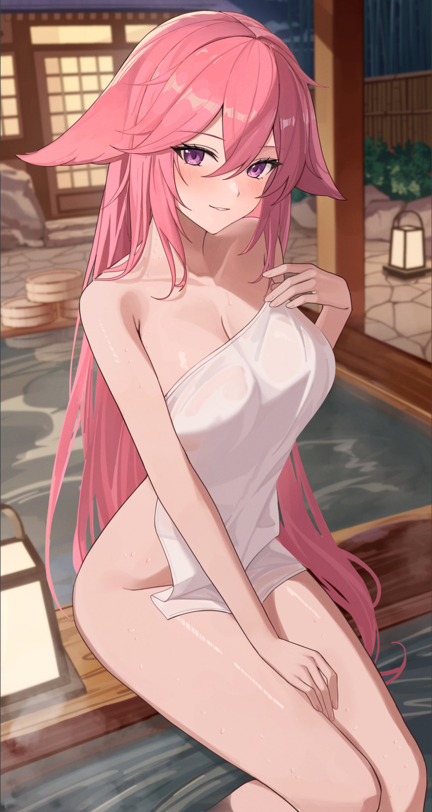 1girl animal_ears bamboo_fence blush bucket covering fence floppy_ears fox_ears genshin_impact highres jumonji long_hair mihoyo naked_towel nude onsen partially_submerged pink_fur pink_hair purple_eyes rock smile steam towel very_long_hair water wet wet_towel wooden_bucket yae_miko