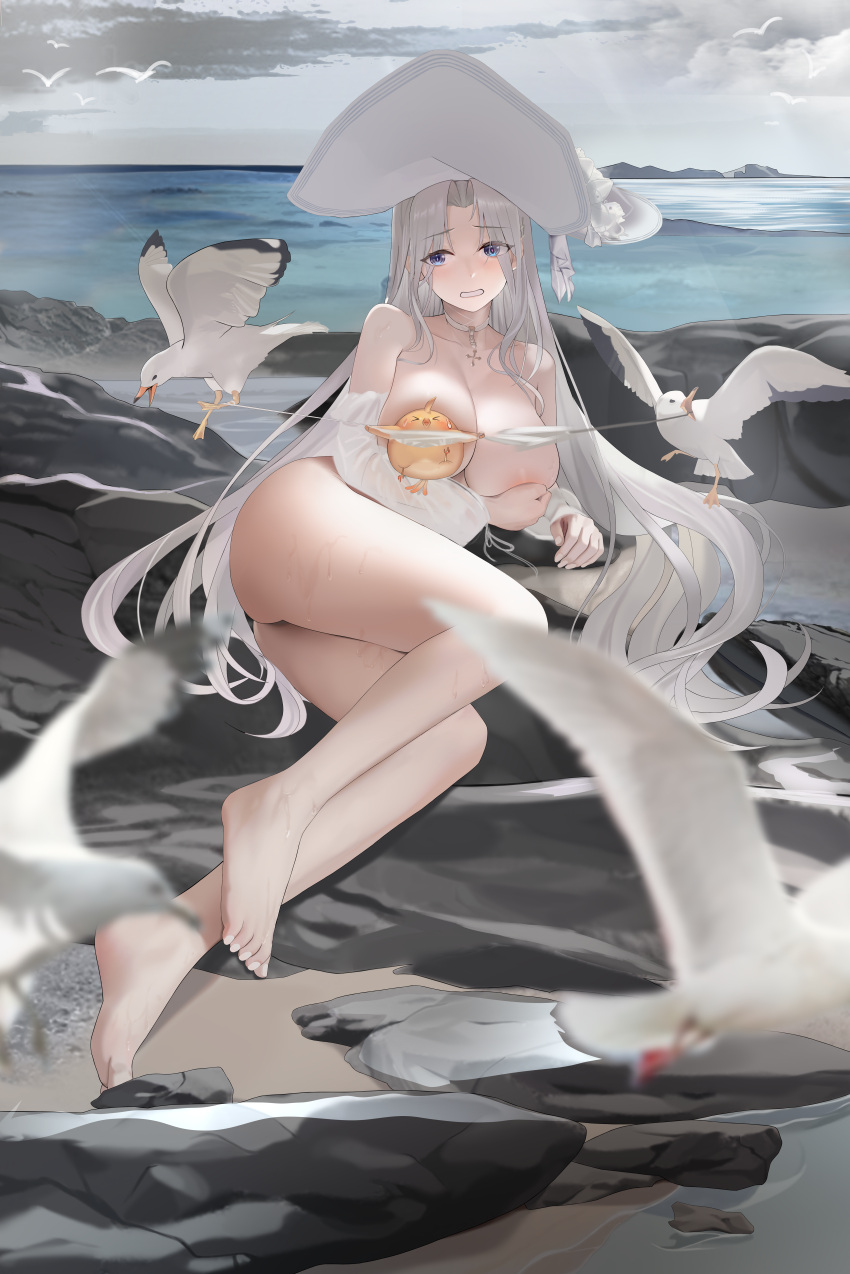 1girl absurdres areola_slip azur_lane bare_shoulders barefoot bikini bird blue_eyes blush breasts choker cleavage collarbone feet full_body grey_sky gu_lan hat highres large_breasts large_hat legs looking_at_viewer lying manjuu_(azur_lane) nail_polish official_alternate_costume on_side outdoors seagull sky sunlight swimsuit thighs toenail_polish toenails toes white_bikini white_choker white_headwear yorktown_(azur_lane) yorktown_ii_(azur_lane) yorktown_ii_(bright-sky_mermaid)_(azur_lane)