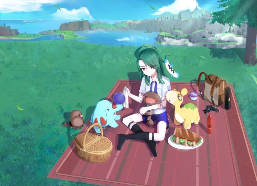 1girl aged_down ahoge backpack backpack_removed bag ball barboach black_socks bright_pupils closed_mouth cloud collared_shirt commentary_request day diglett food gloves gloves_removed grass green_hair holding ketchup_bottle long_hair looking_down necktie numel outdoors paldean_wooper phanpy picnic_basket plate pokemon pokemon_(creature) pokemon_(game) pokemon_sv purple_necktie purple_shorts red_eyes rika_(pokemon) sandwich school_uniform shirt shorts sky socks thermos tree umi_usagi_(srusumi23) undone_necktie white_pupils white_shirt
