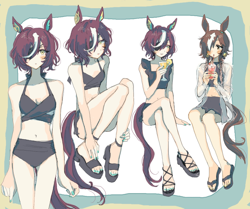 2girls animal_ears bare_arms bare_shoulders bikini black_bikini black_footwear blue_nails blush braid breasts brown_eyes brown_hair collarbone commentary_request crossed_legs cup drinking_straw eyepatch hair_over_one_eye hair_over_shoulder highres holding holding_cup horse_ears horse_girl horse_tail ice ice_cube long_hair multicolored_hair multiple_girls nail_polish navel purple_hair sandals single_braid small_breasts streaked_hair subaru_(user_tmwv7722) swimsuit tail tanino_gimlet_(umamusume) toenail_polish toenails umamusume very_long_hair vodka_(umamusume) white_hair