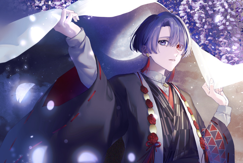 1boy black_jacket black_kimono blunt_ends bowl_cut doku_kobuko dress_shirt earrings falling_petals flower flower_knot full_moon genzuki_toujirou hair_over_one_eye hands_up haori heterochromia highres holding holding_clothes holding_veil jacket japanese_clothes jewelry kimono light_particles long_sleeves looking_at_viewer male_focus moon night nijisanji open_clothes open_jacket parted_lips patterned_clothing petals purple_eyes purple_flower purple_hair red_eyes ribbon-trimmed_sleeves ribbon_trim shirt short_hair solo straight_hair tassel tassel_earrings upper_body veil virtual_youtuber white_shirt white_veil wide_sleeves wisteria