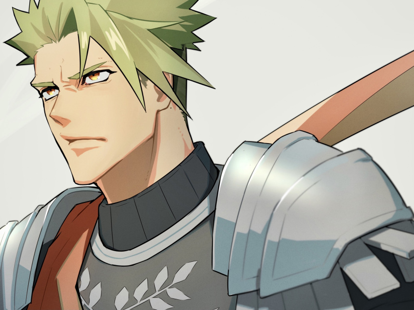 1boy achilles_(fate) armor black_shirt closed_mouth eyelashes facing_ahead fate/apocrypha fate_(series) furrowed_brow green_hair grey_background haruakira highres male_focus mature_male orange_eyes orange_sash ribbed_shirt shirt short_hair shoulder_armor simple_background solo undercut upper_body