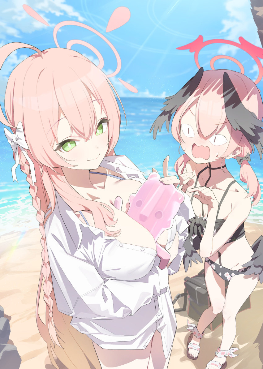 2girls absurdres ahoge applepie_(12711019) beach bikini black_bikini black_wings blue_archive blush braid breasts buttons closed_mouth collared_shirt commentary day feathered_wings green_eyes hair_between_eyes halo hanako_(blue_archive) hanako_(swimsuit)_(blue_archive) haniwa_(statue) head_wings highres koharu_(blue_archive) koharu_(swimsuit)_(blue_archive) large_breasts long_hair long_sleeves low_twintails low_wings multiple_girls ocean official_alternate_costume open_mouth outdoors pink_hair pink_halo sandals shirt single_braid small_breasts swimsuit symbol-only_commentary twintails white_shirt wings