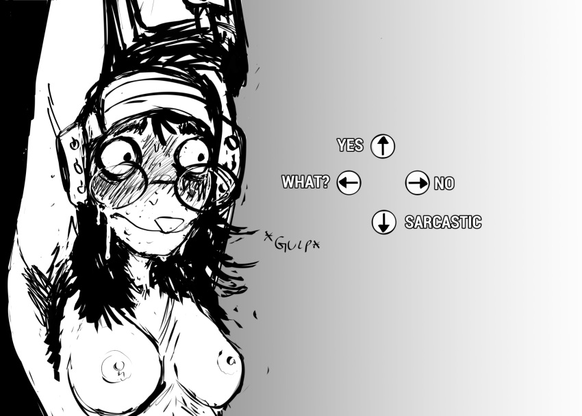 2023 american_opossum anthro bethesda_softworks black_and_white blush bodily_fluids breasts english_text eyewear fallout female gameplay_mechanics glasses gradient_background hi_res hladilnik looking_aside mammal marsupial marylin_(hladilnik) monochrome nervous nipples simple_background solo sweat text virginia_opossum