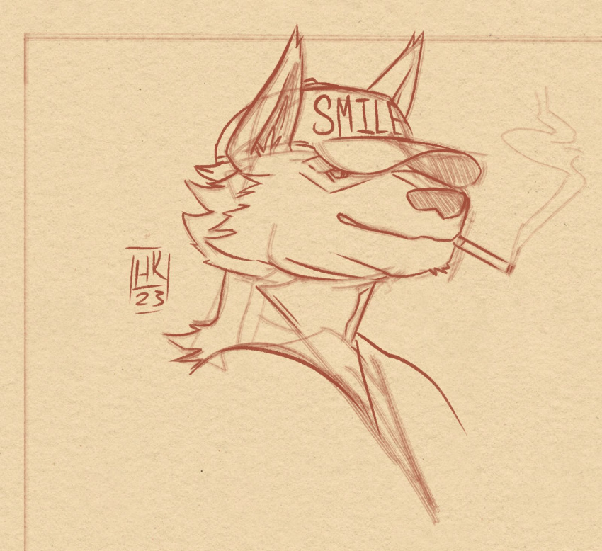anthro canid canine canis cape_escape clothing coyote hat headgear headshot_portrait headwear hi_res hyprknetc jet_adler male mammal portrait sketch smoking solo text