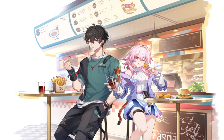 1boy 1girl belt blue_eyes blue_jacket blue_skirt breasts burger cowboy_shot cup dan_heng_(feast)_(honkai:_star_rail) dan_heng_(honkai:_star_rail) drinking_straw flower_ornament food french_fries gradient_jacket hair_between_eyes high_belt highres holding holding_cup holding_drinking_straw holding_food honkai:_star_rail honkai_(series) jacket layered_skirt march_7th_(feast)_(honkai:_star_rail) march_7th_(honkai:_star_rail) medium_breasts medium_hair miniskirt official_alternate_costume official_art one_eye_closed pink_hair purple_belt purple_jacket shirt skirt thigh_strap tongue turtleneck white_shirt