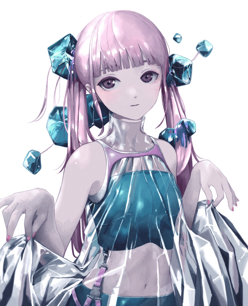 1girl araki_rakka blunt_bangs hands_up highres ice ice_cube long_hair looking_at_viewer midriff navel original pink_hair purple_eyes see-through simple_background smile solo upper_body white_background