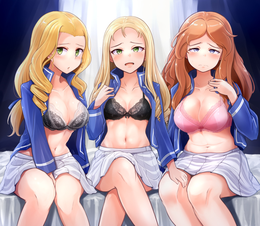 3girls bc_freedom_military_uniform black_bra blonde_hair blue_eyes blush bra breasts closed_mouth collarbone crossed_legs drill_hair girls_und_panzer green_eyes hand_on_another's_leg highres indoors isabe_(girls_und_panzer) kitayama_miuki large_breasts lingerie long_hair looking_at_viewer marie_(girls_und_panzer) military military_uniform miniskirt multiple_girls navel on_bed open_mouth orange_hair pink_bra pleated_skirt skirt small_breasts smile sofue_(girls_und_panzer) underwear uniform white_skirt window