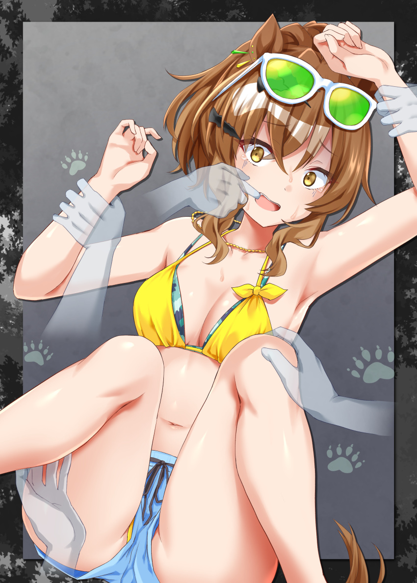 1girl absurdres animal_ears armpits bare_shoulders bikini blue_shorts breasts brown_hair cleavage collarbone commentary cover cover_page doujin_cover drawstring ear_piercing eyewear_on_head feet_out_of_frame ghost green-tinted_eyewear hair_between_eyes hand_in_another's_mouth hand_on_another's_arm hand_on_another's_knee hand_on_another's_leg hand_on_another's_wrist highres horse_ears horse_girl jewelry jungle_pocket_(tobasuze_hot_summer!)_(umamusume) jungle_pocket_(umamusume) layered_bikini lying medium_hair micro_shorts midriff navel necklace official_alternate_costume official_alternate_hairstyle on_back open_mouth paw_print paw_print_background piercing restrained ryochapu scared shorts sidelocks solo_focus summer's_sunlight_fades_to_blue_(umamusume) sunglasses swimsuit tail tearing_up teeth tinted_eyewear umamusume upper_teeth_only wavy_hair white-framed_eyewear yellow_bikini yellow_eyes
