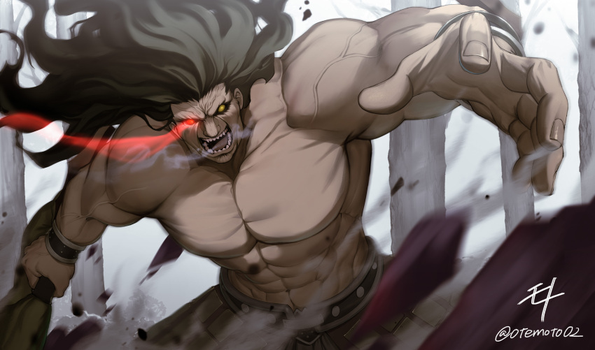 1boy absurdres black_hair dark-skinned_male dark_skin fate/stay_night fate_(series) floating_hair forest glowing glowing_eye heracles_(fate) heterochromia highres holding holding_sword holding_weapon long_hair moto_(otemoto02) muscular muscular_male nature open_mouth outdoors red_eyes solo straight_hair sword topless tree weapon yellow_eyes