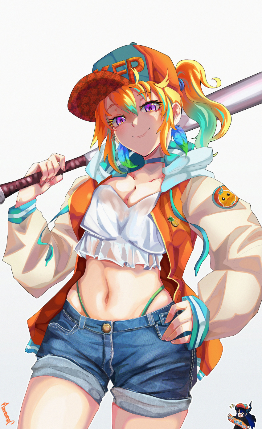 2girls absurdres baseball_bat baseball_cap breasts cheering choker cleavage closed_mouth collarbone cowboy_shot denim denim_shorts green_choker hand_on_own_hip hat highres holding holding_baseball_bat hololive hololive_english hood hooded_jacket jacket medium_breasts miku_(mikururun) multicolored_hair multiple_girls nerissa_ravencroft orange_hair panty_straps purple_eyes short_shorts shorts smile solo_focus streaked_hair takanashi_kiara