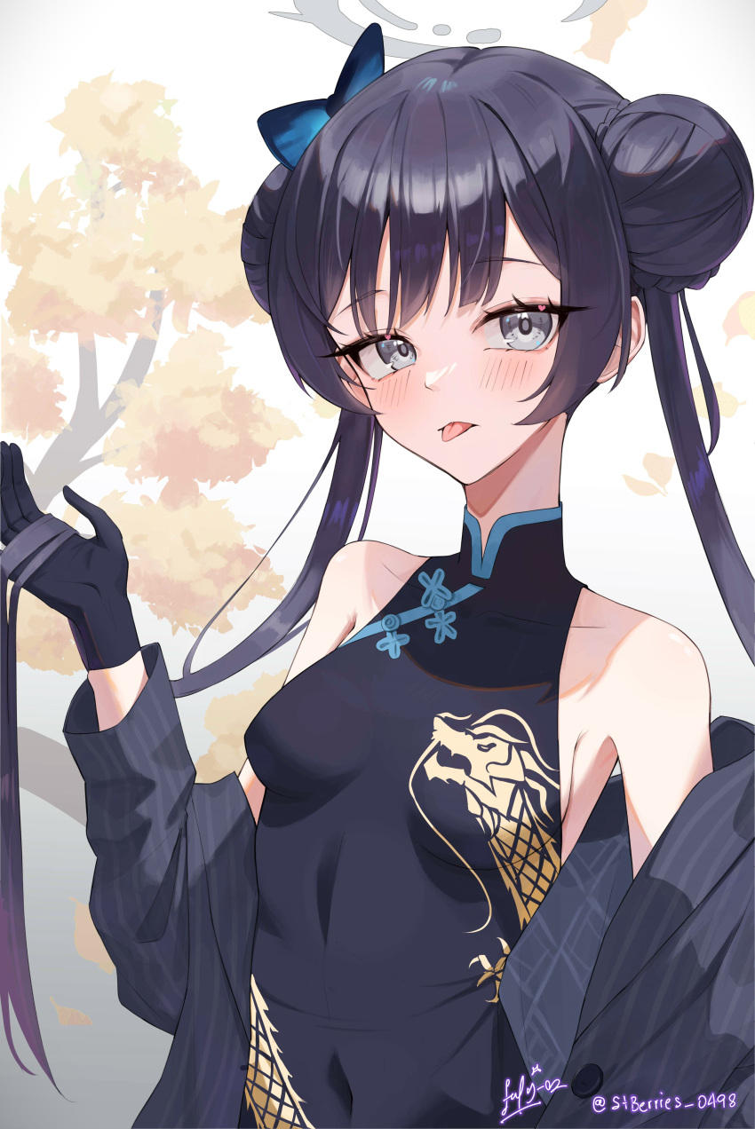 1girl absurdres black_dress black_gloves black_hair blue_archive blush breasts butterfly_hair_ornament china_dress chinese_clothes coat collarbone commentary_request double_bun dragon_print dress english_commentary gloves grey_coat grey_eyes grey_halo hair_bun hair_ornament halo highres kisaki_(blue_archive) long_hair long_sleeves looking_at_viewer mixed-language_commentary sideboob signature small_breasts solo striped striped_coat sweetberries_0498 tongue tongue_out twintails twitter_username upper_body vertical-striped_coat vertical_stripes