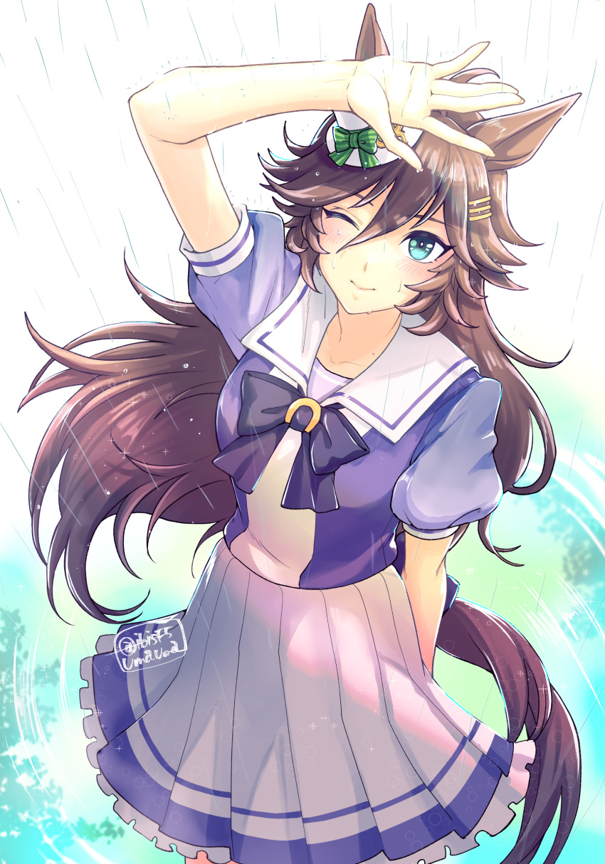 1girl absurdres animal_ears arm_at_side arm_up blush bow bowtie breasts brown_hair closed_mouth green_eyes hair_between_eyes hair_ornament hairclip hat hi_(ibisf5umauma) highres horse_ears horse_girl horse_tail long_hair mini_hat mini_top_hat mr._c.b._(umamusume) one_eye_closed puffy_short_sleeves puffy_sleeves purple_shirt rain ripples sailor_collar school_uniform shading_eyes shirt short_sleeves skirt small_breasts smile solo sparkle standing tail top_hat tracen_school_uniform twitter_username umamusume wet wet_hair white_skirt