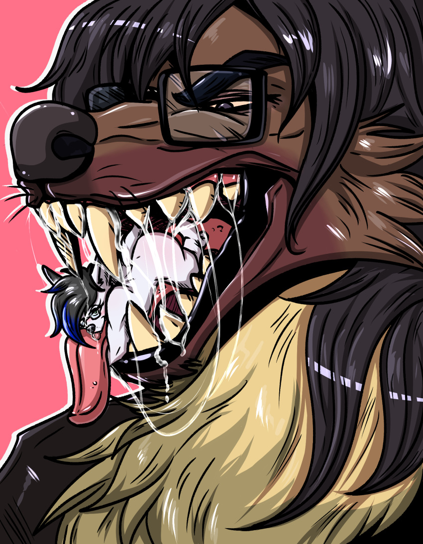 ambiguous_gender anthro arctic_fox bodily_fluids bombayeen_(artist) canid canine drooling duo eyewear fox glasses hi_res hyena imminent_vore male mammal mawplay mouth_shot open_mouth saliva sonya_(lexi_arts) teeth tongue yaro_(bombayeen)