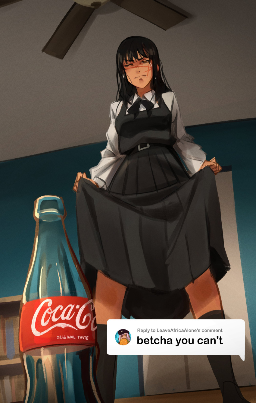 1girl absurdres black_hair black_skirt black_socks bottle chainsaw_man clothes_lift coca-cola collared_shirt cross_scar embarrassed empty_bottle english_commentary english_text fourth_east_high_school_uniform highres khyle. long_hair neck_ribbon ribbon scar scar_on_cheek scar_on_face scar_on_nose school_uniform shirt skirt skirt_lift socks solo white_shirt yellow_eyes yoru_(chainsaw_man)