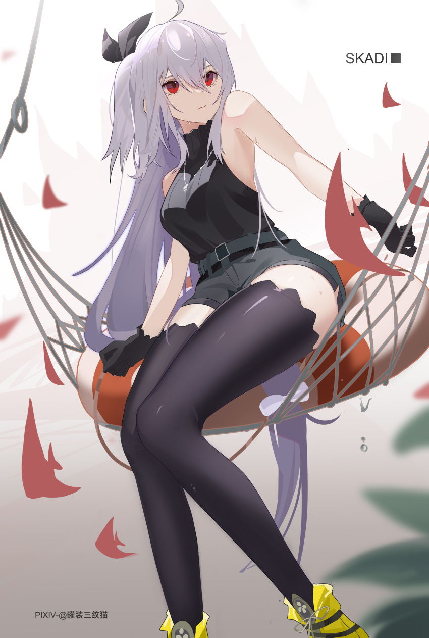 1girl absurdres ahoge arknights belt black_gloves black_shirt black_shorts black_thighhighs breasts brown_background character_name closed_mouth feet_out_of_frame fish gloves gradient_background grey_hair guanzhuang_sanwenmao hammock high-waist_shorts highres jewelry lifebuoy long_hair looking_to_the_side medium_breasts necklace official_alternate_costume red_eyes shirt short_shorts shorts sitting skadi_(arknights) skadi_(the_next_afternoon_tea)_(arknights) sleeveless sleeveless_shirt thighhighs very_long_hair white_background yellow_footwear