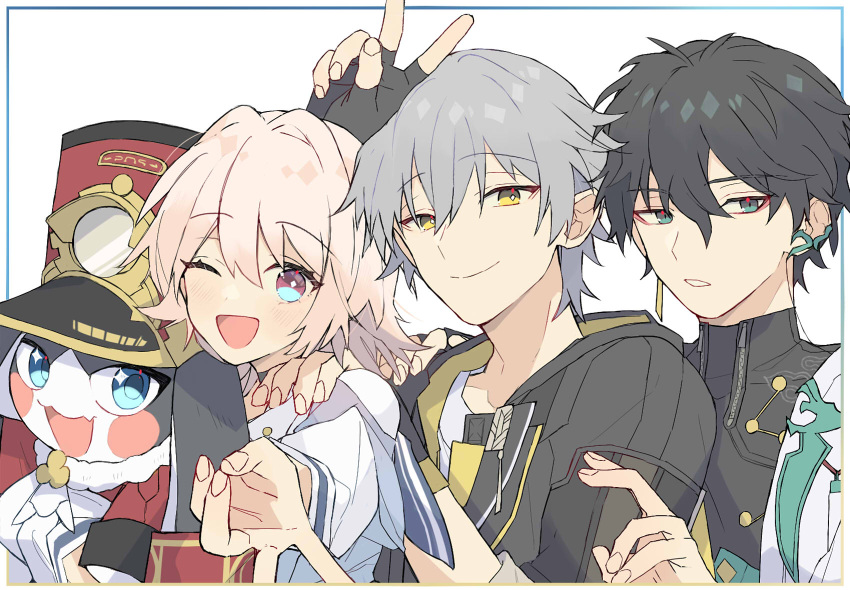 1girl 1other 2boys :d animal_ears astral_express_(honkai:_star_rail) black_choker black_gloves black_hair blue_eyes blush caelus_(honkai:_star_rail) chinese_clothes choker closed_mouth coat dan_heng_(honkai:_star_rail) earrings eyeshadow fingerless_gloves gloves green_eyes grey_hair group_picture hair_between_eyes hat highres honkai:_star_rail honkai_(series) hooded_coat iiiiiiitto_all jewelry long_sleeves looking_at_viewer lop_rabbit_ears makeup male_focus march_7th_(honkai:_star_rail) medium_hair multicolored_eyes multiple_boys one_eye_closed open_clothes open_coat open_mouth pink_eyes pink_hair pom-pom_(honkai:_star_rail) rabbit_ears red_eyeliner red_eyeshadow shako_cap short_hair simple_background smile trailblazer_(honkai:_star_rail) two-tone_eyes upper_body v white_background yellow_coat yellow_eyes