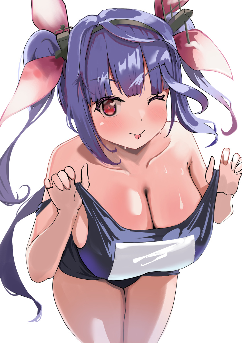 1girl ;p absurdres blue_hair blue_one-piece_swimsuit blunt_bangs blush breasts cleavage commentary_request commission evildaddy12 hair_ornament hair_ribbon highres i-19_(kancolle) kantai_collection large_breasts leaning_forward legs_together long_hair looking_at_viewer name_tag one-piece_swimsuit one_eye_closed pixiv_commission red_eyes ribbon school_swimsuit simple_background smile solo sweat sweatdrop swimsuit tongue tongue_out tri_tails twintails upper_body variant_set white_background