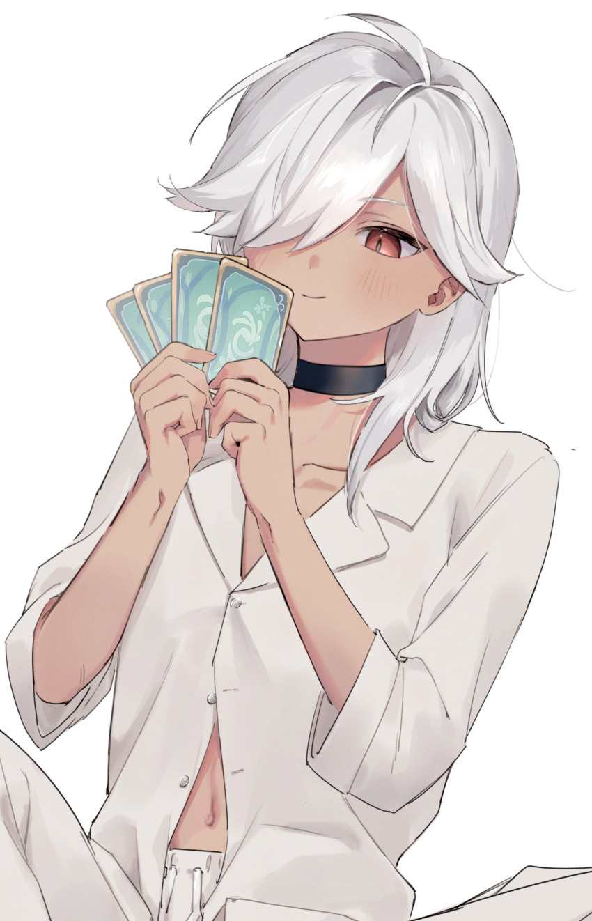 1boy black_choker blush card choker cyno_(genshin_impact) dark-skinned_male dark_skin genius_invokation_tcg genshin_impact hair_between_eyes hair_over_one_eye highres holding holding_card long_hair male_focus oniichantoitte pants red_eyes shirt simple_background smile solo white_background white_hair white_pants white_shirt