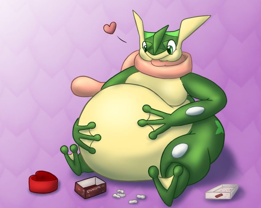 &lt;3 2023 alvro bloated box_of_chocolates candy chocolate chubby_cheeks chubby_male dessert digital_media_(artwork) empty_box food front_view generation_6_pokemon green_body green_eyes grenerous greninja hand_on_stomach heart_background long_tongue male nintendo obese obese_male overweight overweight_male pokemon pokemon_(species) purple_background shaded simple_background sitting solo tongue weight_gain