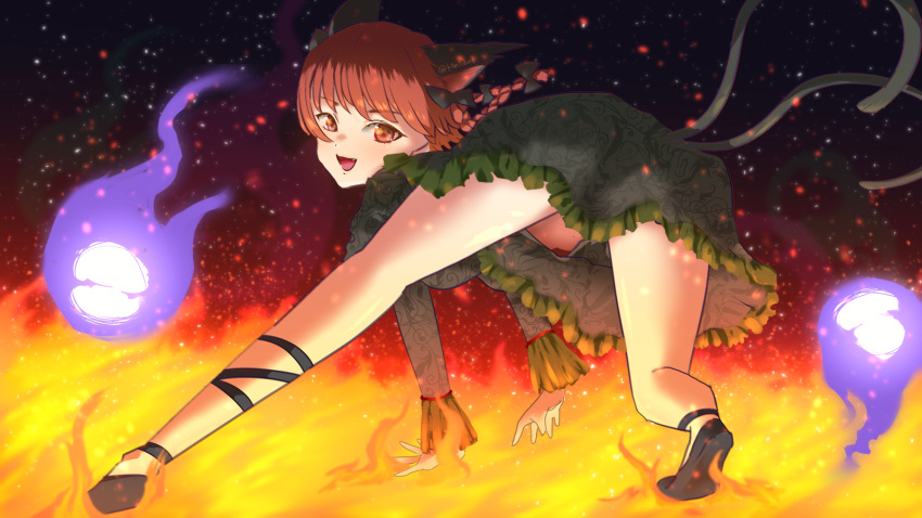 1girl :d all_fours animal_ears ass bad_leg bad_perspective bare_legs bow braid breasts cat_ears cat_tail commentary dress fang fire floating_hair floral_print foreshortening frills from_behind green_dress grey_dress hair_bow hair_ribbon highres hitodama juliet_sleeves k1m1dor1 kaenbyou_rin legs_apart light_blush light_particles long_sleeves looking_at_viewer looking_back medium_breasts medium_hair multiple_tails nekomata open_mouth puffy_sleeves red_eyes red_hair ribbon smile solo tail touhou tress_ribbon twin_braids two_tails upshirt