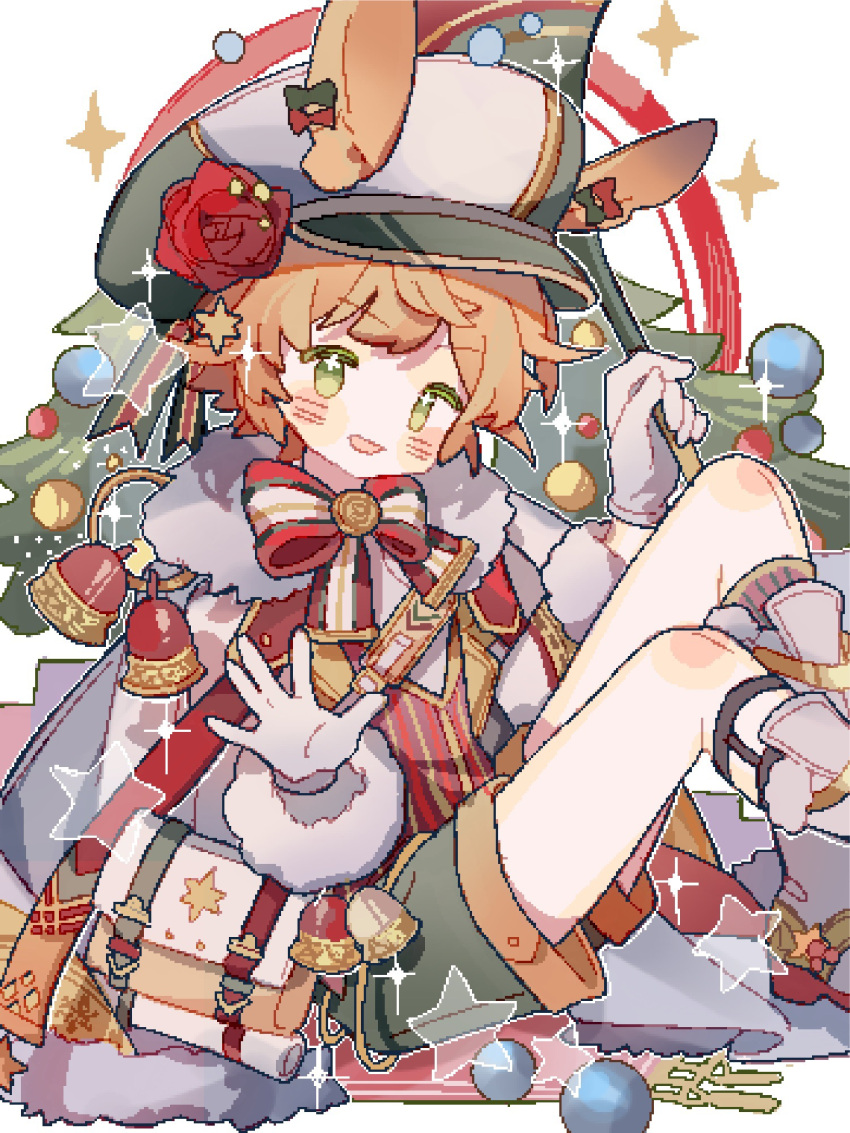 1boy animal_ears arknights bag bare_legs bell blush cabbie_hat christmas christmas_tree coat feet_out_of_frame flower flower-shaped_pupils fur-trimmed_coat fur_trim green_eyes green_headwear green_shorts hat hat_flower highres leonhardt_(arknights) leonhardt_(hope_cruise)_(arknights) looking_at_viewer male_focus official_alternate_costume orange_hair ornament pixelated rabbit_ears red_flower red_rose red_vest rose saucer_(saucer752) short_hair shorts simple_background smile solo sparkle star_(symbol) symbol-shaped_pupils thighhighs two-tone_headwear vest white_background white_coat white_headwear