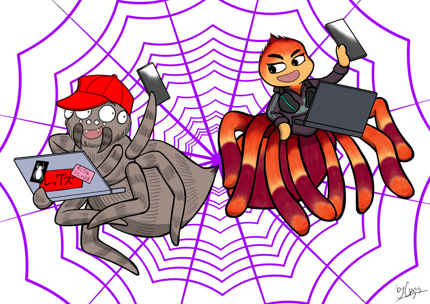 2023 absurd_res anthro arachnid arthropod clothed clothing computer crisis1983 dreamworks duo female full-length_portrait fur hi_res holding_object japanese_text laptop looking_at_another male ms._tarantula_(the_bad_guys) mygalomorph open_mouth open_smile orange_body orange_fur portrait signature simple_background smile spider square_crossover tarantula text the_bad_guys the_bad_guys_(book) white_background