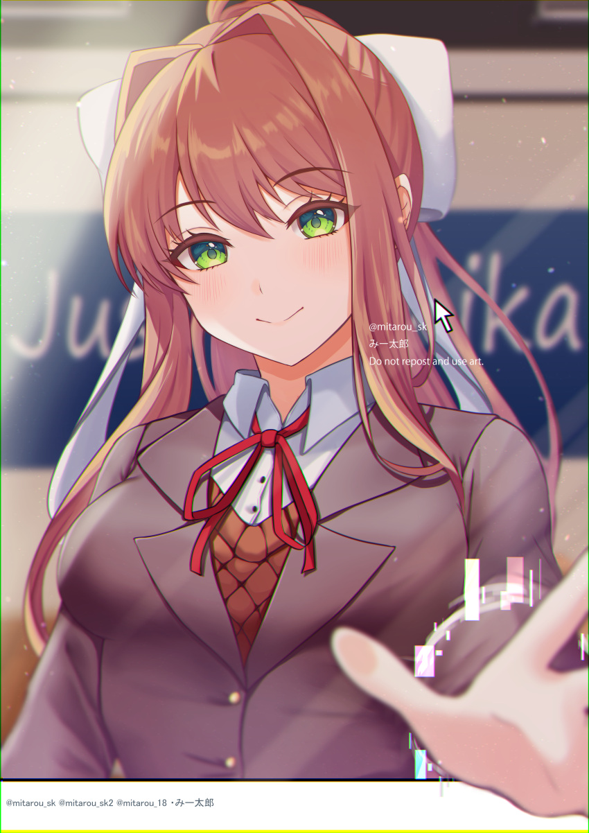 absurdres blush bow breasts brown_hair closed_mouth collared_shirt cursor doki_doki_literature_club green_eyes hair_bow highres large_breasts long_hair looking_at_viewer mi_tarou0412 monika_(doki_doki_literature_club) ponytail shirt smile white_bow white_shirt