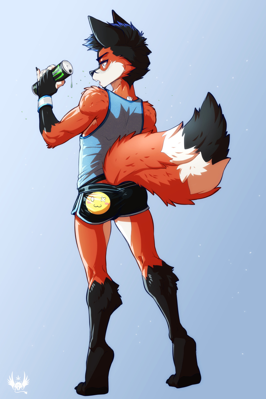 2023 absurd_res anthro beverage_can black_body black_bottomwear black_clothing black_ears black_fur black_hair black_tail blue_clothing blue_topwear bottomwear butt can canid canine clothed clothing container eldiman fox fur gloves_(marking) hair hi_res holding_can holding_container holding_object leg_markings mammal markings monster_energy orange_body orange_fur orange_tail shorts socks_(marking) tail topwear