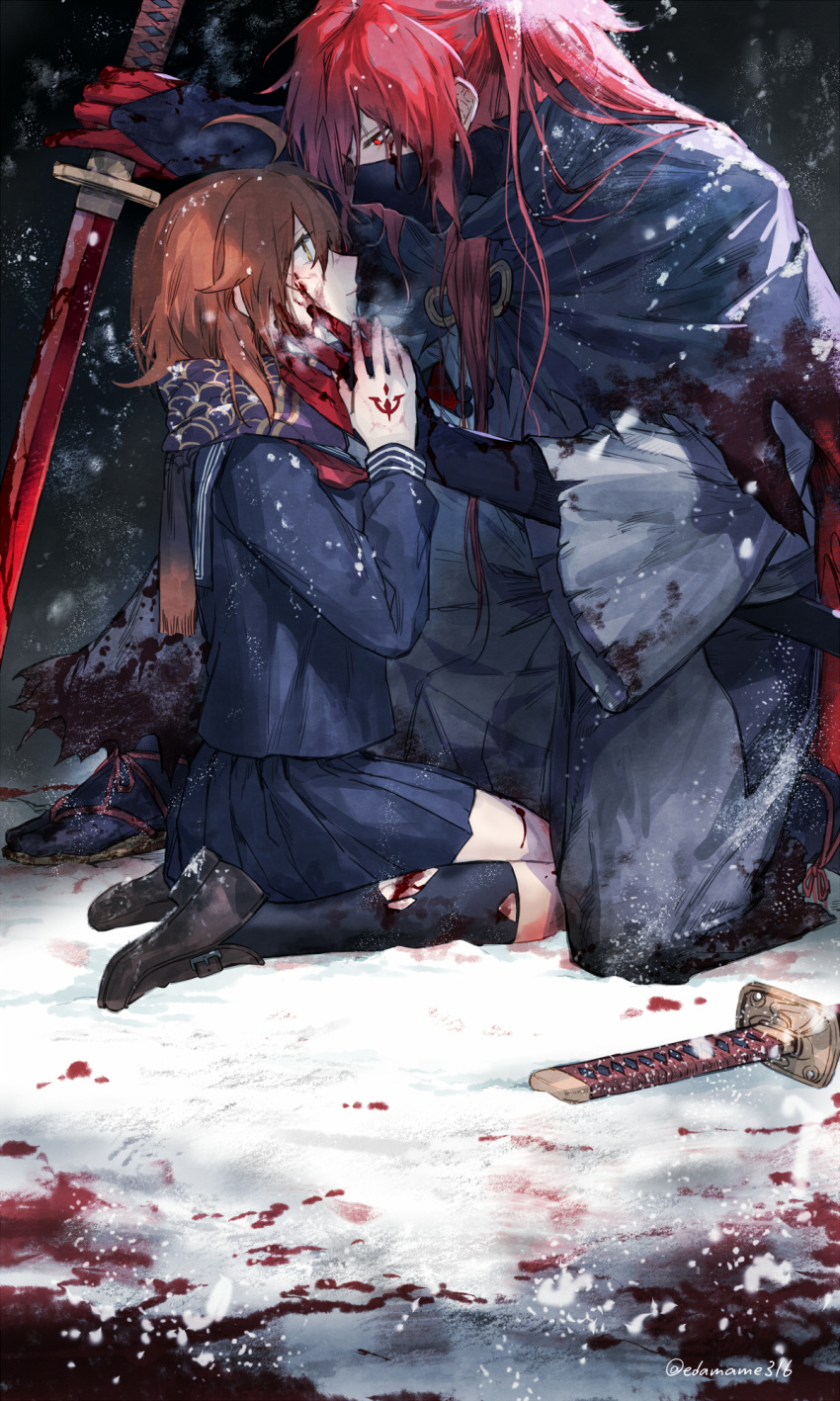 1boy 1girl blood blood_on_clothes blood_on_face covered_mouth edamameoishii eye_contact fate/grand_order fate_(series) fujimaru_ritsuka_(female) hand_on_another's_face hand_on_another's_hand hand_tattoo highres holding holding_sword holding_weapon kneeling long_hair looking_at_another official_alternate_costume okada_izou_(fate) okada_izou_(second_ascension)_(fate) on_ground orange_eyes orange_hair outdoors red_eyes red_hair scarf school_uniform short_hair snow snowing sword tattoo torn_clothes torn_socks weapon