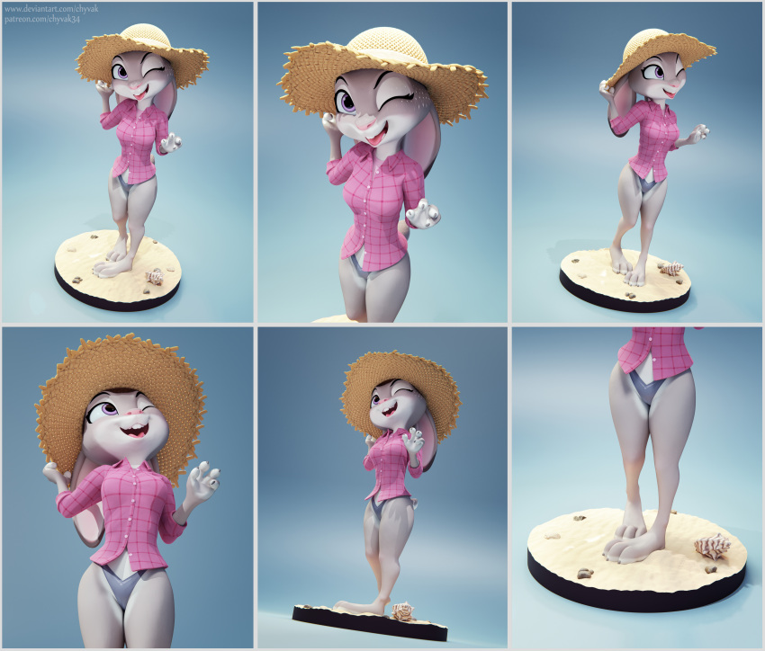 3d_(artwork) absurd_res anthro blender_cycles butt chyvak clothing digital_media_(artwork) disney female figurine flannel_shirt hat headgear headwear hi_res judy_hopps lagomorph leporid mammal one_eye_closed panties rabbit shirt solo straw_hat topwear underwear wink zootopia