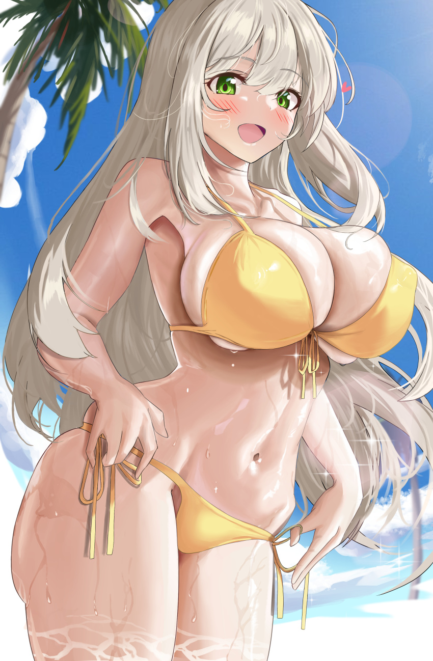 1girl absurdres anti_kumo bikini blue_archive blush breasts collarbone front-tie_top green_eyes highres huge_breasts light_brown_hair long_hair looking_at_viewer navel nonomi_(blue_archive) nonomi_(swimsuit)_(blue_archive) official_alternate_costume open_mouth outdoors revision side-tie_bikini_bottom solo stomach swimsuit thick_thighs thighs wet yellow_bikini