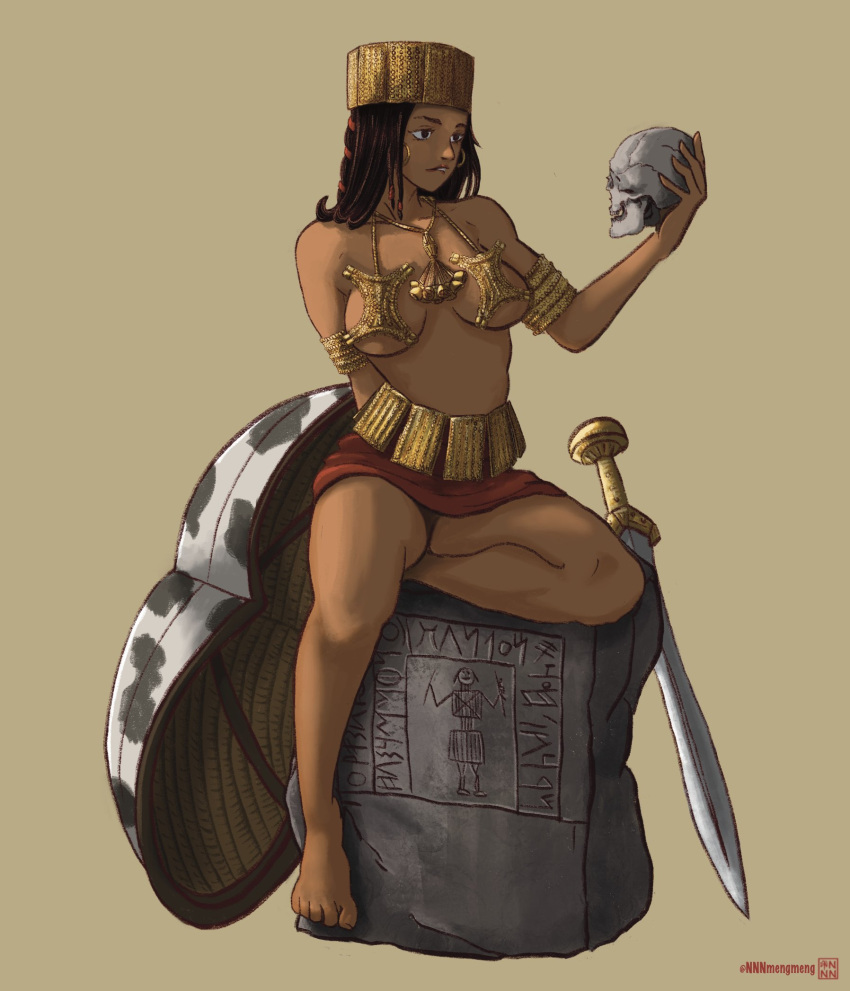 1girl armlet artist_name bare_legs barefoot breasts breasts_apart brown_background brown_hair earrings full_body highres holding holding_skull hoop_earrings jewelry long_hair medium_breasts nnnmengmeng original parted_lips rock shield simple_background sitting skull solo sword weapon