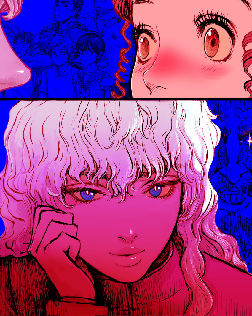 2girls 6+boys alternate_universe beard berserk black_hair blue_background blue_eyes blush brown_eyes brown_hair casca_(berserk) charlotte_(berserk) closed_mouth collarbone corkus_(berserk) crossed_arms curly_hair facial_hair griffith_(berserk) guts_(berserk) hair_between_eyes hand_on_own_cheek hand_on_own_face highres judeau_(berserk) long_hair multiple_boys multiple_girls mustache nisino2222 nose_blush pippin_(berserk) sailor_collar short_hair sleeveless spiked_hair spiked_jacket spikes teeth wavy_hair white_hair