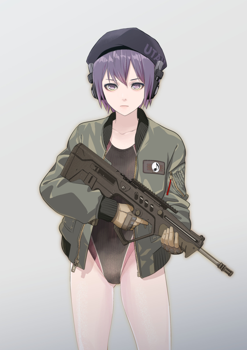 1girl alternate_costume assault_rifle beret black_one-piece_swimsuit bomber_jacket brown_gloves bullpup closed_mouth commentary_request competition_swimsuit copyright_name cowboy_shot gloves gradient_background green_jacket grey_background gun hat highres holding holding_gun holding_weapon iwi_tavor jacket jacket_over_swimsuit long_sleeves looking_at_viewer maki_(nasulily) musical_note one-piece_swimsuit open_clothes open_jacket patch purple_eyes purple_hair rifle robot_ears serious short_hair solo standing swimsuit two-handed utane_uta utau weapon