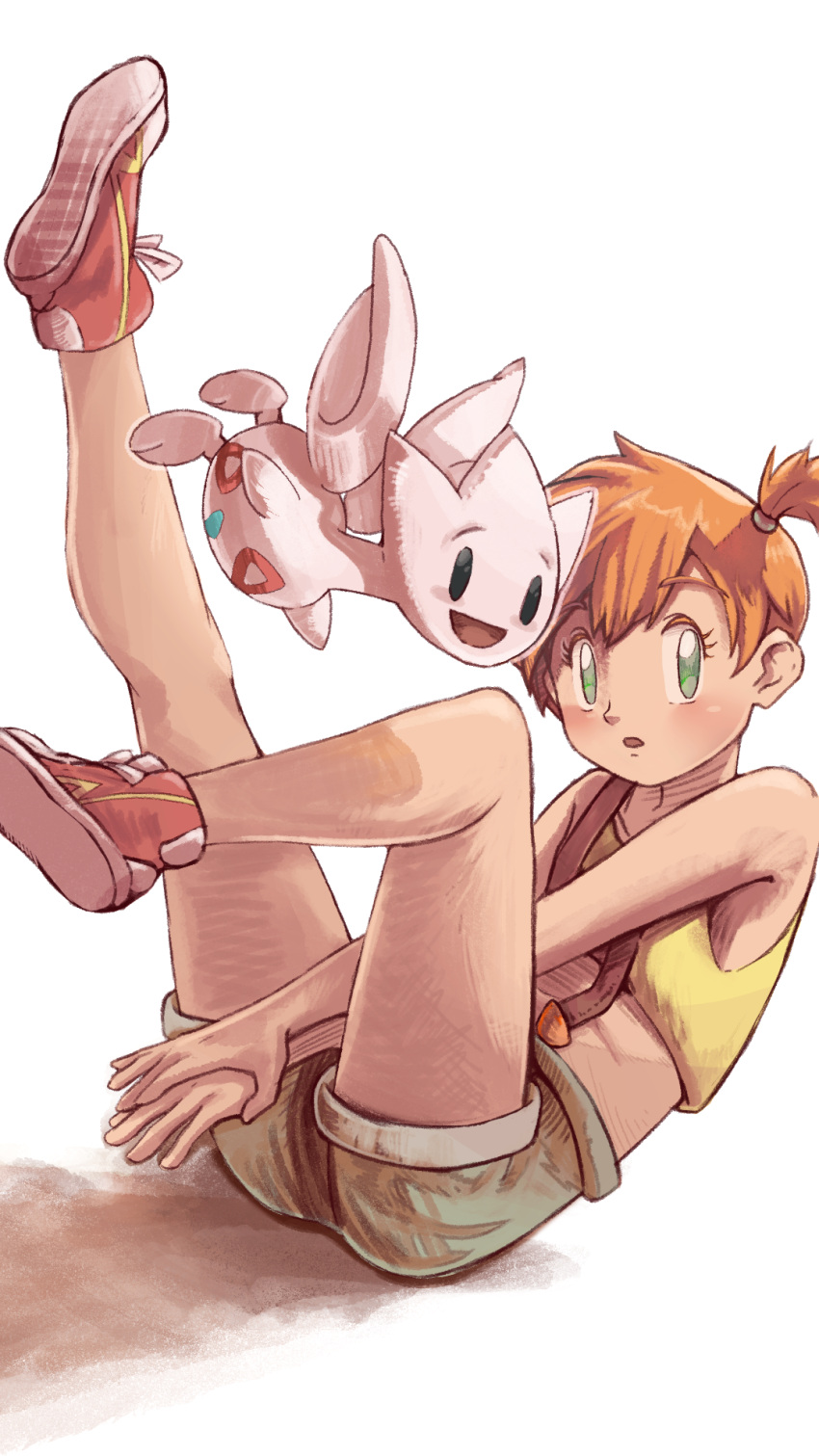 1girl :o blush commentary_request eyelashes green_eyes green_shorts highres jjfsantos legs misty_(pokemon) one_side_up orange_hair own_hands_together pokemon pokemon_(anime) pokemon_(classic_anime) pokemon_(creature) shirt shoes shorts sleeveless sleeveless_shirt suspenders togetic yellow_shirt