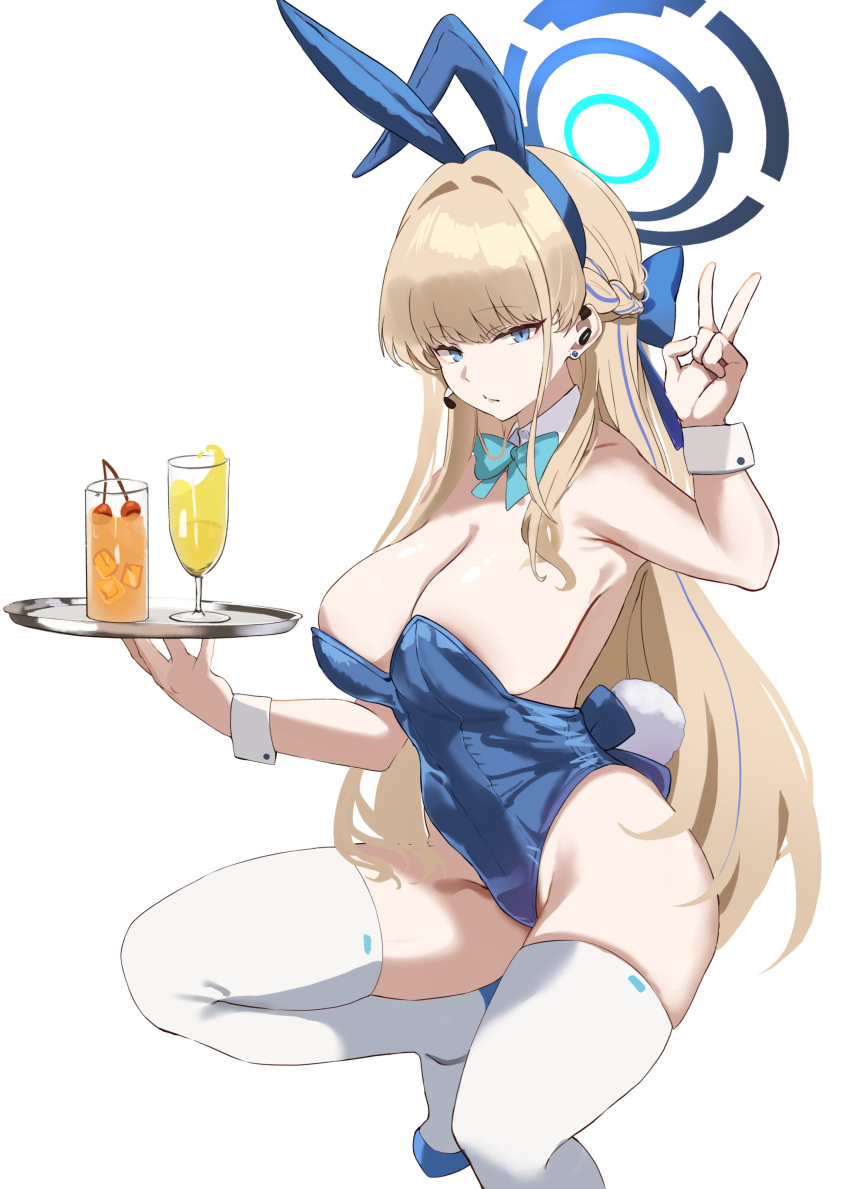 1girl absurdres alcohol animal_ears aqua_bow aqua_bowtie areola_slip bare_shoulders blonde_hair blue_archive blue_leotard bow bowtie breasts cleavage commentary_request cup detached_collar drinking_glass fake_animal_ears fake_tail halo highres holding holding_tray horin large_breasts leotard long_hair looking_at_viewer playboy_bunny rabbit_ears rabbit_tail solo squatting strapless strapless_leotard tail thighhighs toki_(blue_archive) toki_(bunny)_(blue_archive) tray v white_thighhighs