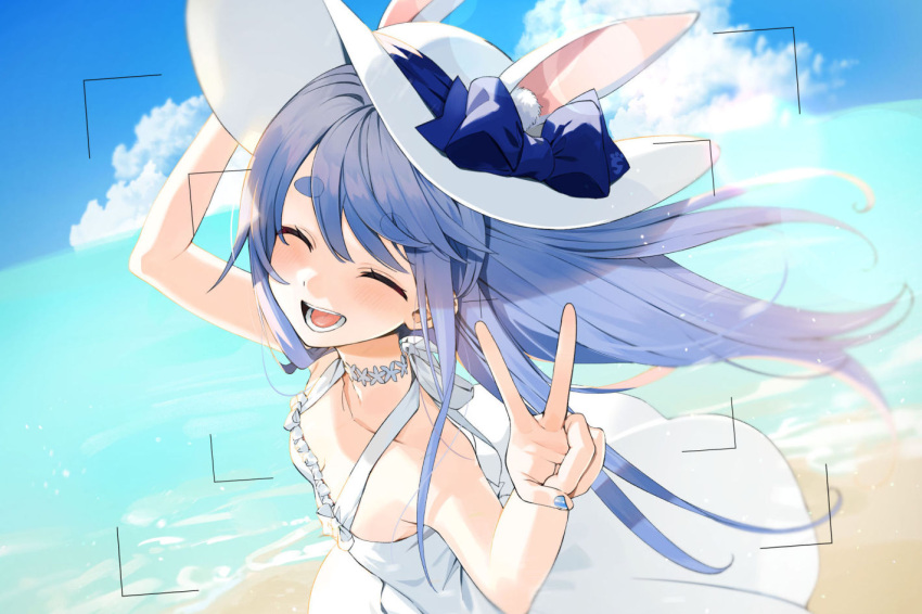 1girl ^_^ animal_ears beach blue_bow blue_hair bow choker closed_eyes dress dutch_angle gotou_(nekocat) hand_on_headwear hat hololive long_hair ocean open_mouth outdoors rabbit_ears rabbit_girl short_eyebrows sky sleeveless sleeveless_dress smile solo sun_hat sundress thick_eyebrows usada_pekora v very_long_hair viewfinder virtual_youtuber white_choker white_dress white_headwear