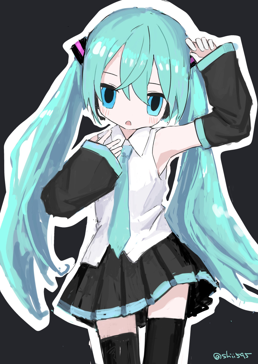 1girl absurdres aqua_eyes aqua_hair aqua_necktie arm_up black_background black_skirt black_thighhighs collared_shirt commentary cowboy_shot detached_sleeves expressionless hair_ornament half-closed_eyes hand_up hatsune_miku headphones highres light_blush long_hair looking_at_viewer microphone miku_day necktie open_mouth outline pleated_skirt shii595 shirt simple_background skirt sleeveless sleeveless_shirt solo thighhighs twintails twitter_username vocaloid white_outline white_shirt zettai_ryouiki