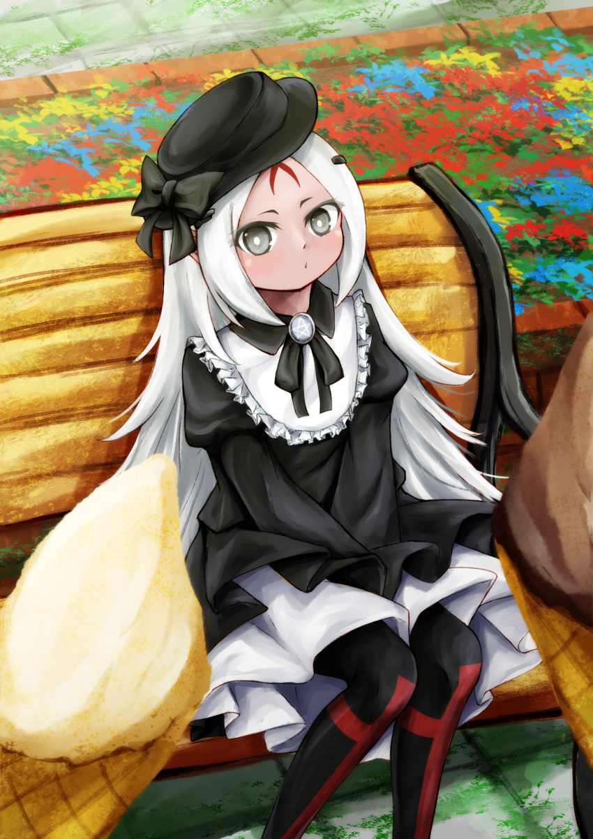 1girl alternate_costume bench between_legs black_bow black_dress black_eyes black_headwear black_pantyhose black_ribbon blush bow brooch casual chocolate commentary_request cross_print dark-skinned_female dark_skin day dress elisa_(girls'_frontline) facial_mark feet_out_of_frame flower forehead_mark frills girls'_frontline gothic_lolita hair_ornament hat hat_bow highres holding_ice_cream_cone ice_cream_cone jewelry logia13laplace lolita_fashion long_hair long_sleeves looking_at_viewer moss neck_ribbon outdoors pantyhose parted_lips pentagram pov print_pantyhose puffy_long_sleeves puffy_sleeves ribbon sangvis_ferri sitting sitting_on_bench skirt solo vanilla white_hair white_skirt