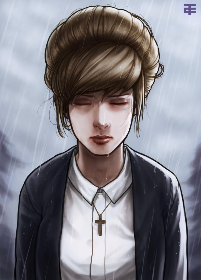 1girl absurdres artist_logo black_jacket blonde_hair christt closed_eyes collared_shirt cross cross_necklace grey_sky highres jacket jewelry kate_marsh life_is_strange necklace open_clothes open_jacket outdoors rain shirt sky solo updo upper_body watermark white_shirt